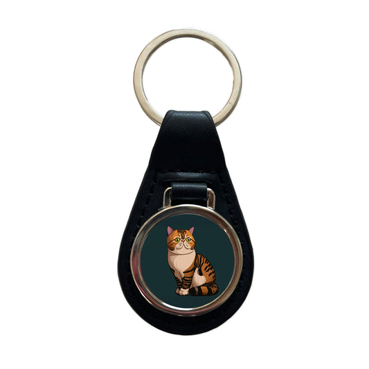 Exotic Shorthair Cat Sitting Black Leather Metal Keychain