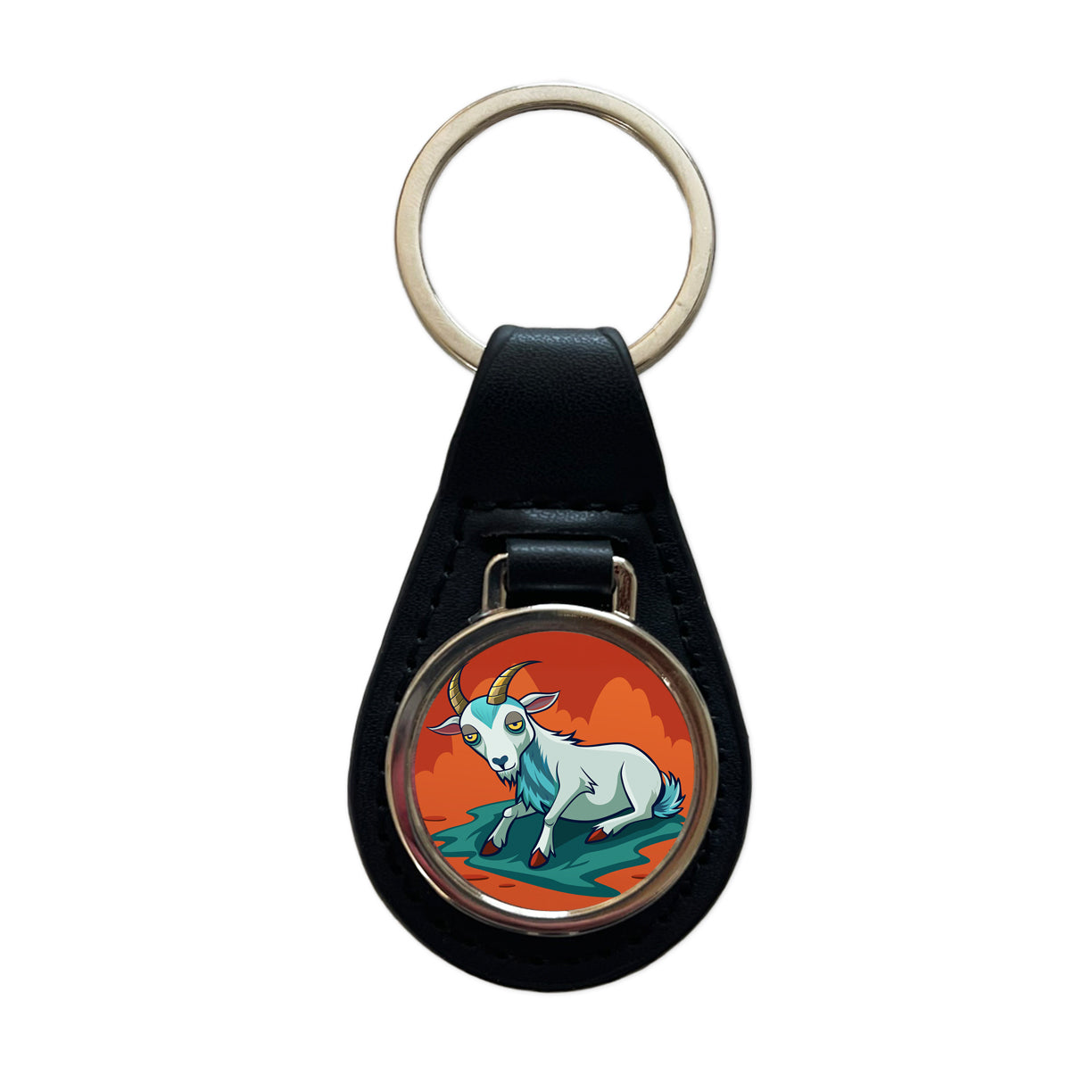 Fainting Goat Funny Black Leather Metal Keychain