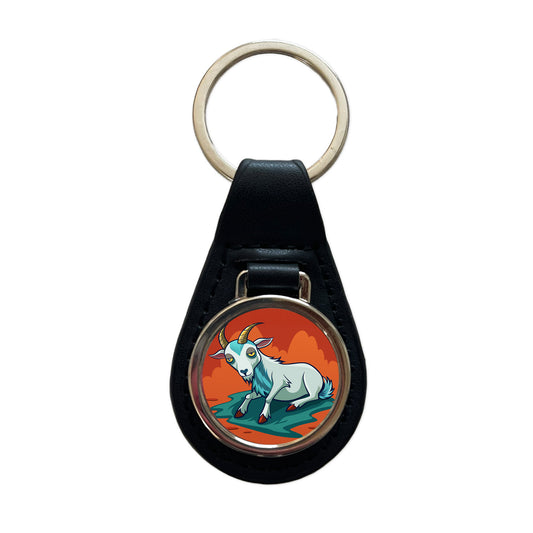 Fainting Goat Funny Black Leather Metal Keychain