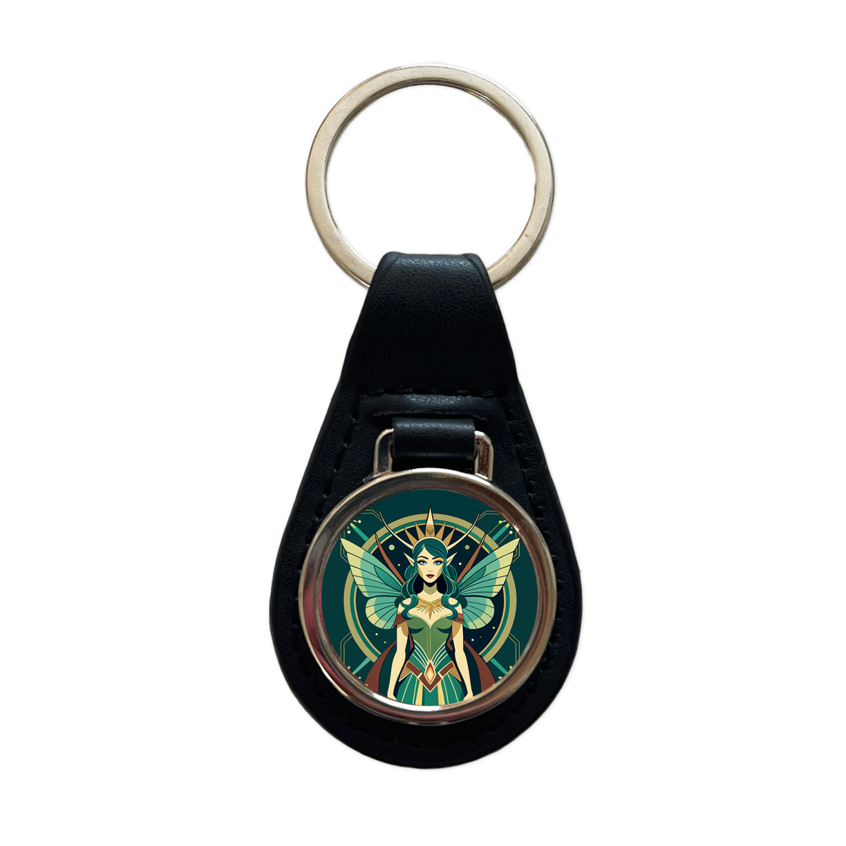 Fairy Nymph Art Deco Black Leather Metal Keychain