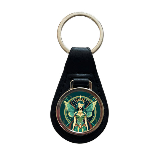 Fairy Nymph Art Deco Black Leather Metal Keychain