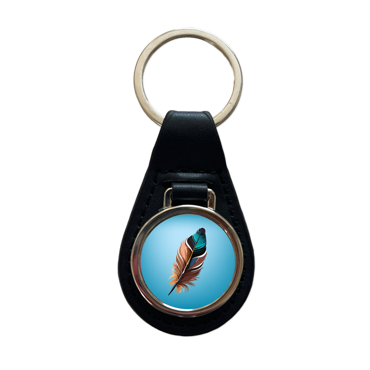 Feather Pretty Black Leather Metal Keychain