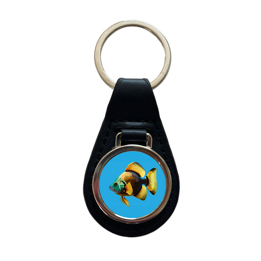 Fish Tropical Black Leather Metal Keychain