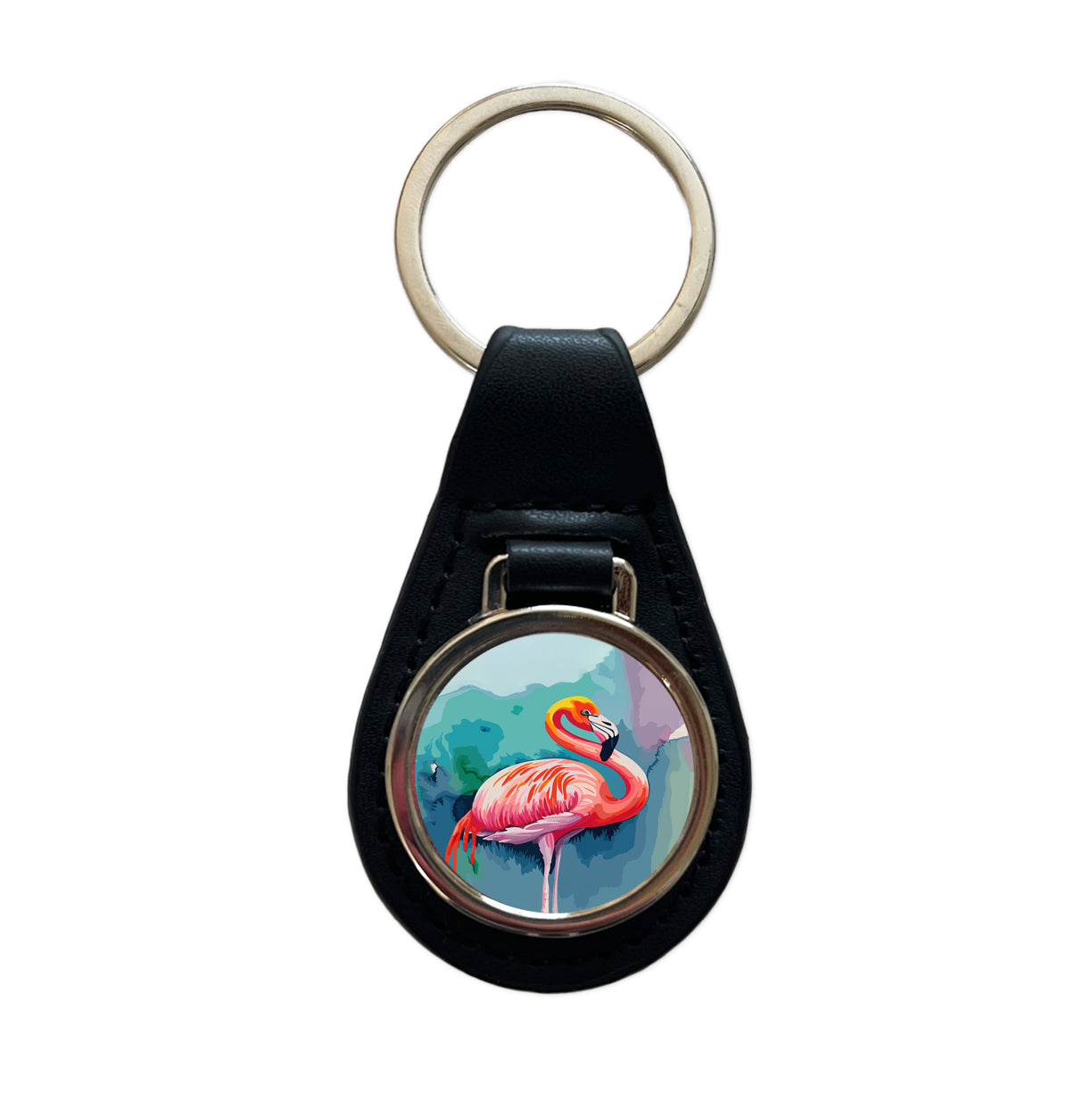 Flamingo Colorful Black Leather Metal Keychain
