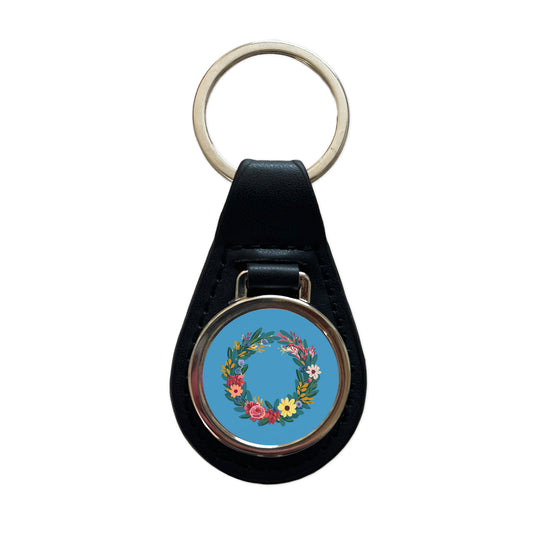 Floral Wreath Border Spring Black Leather Metal Keychain