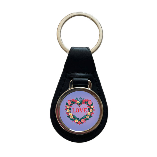 Flower Heart Love Wreath Floral Wedding Beautiful Black Leather Metal Keychain