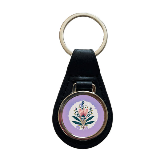 Flowers Floral Motif Bohemian Elegant Wedding Black Leather Metal Keychain