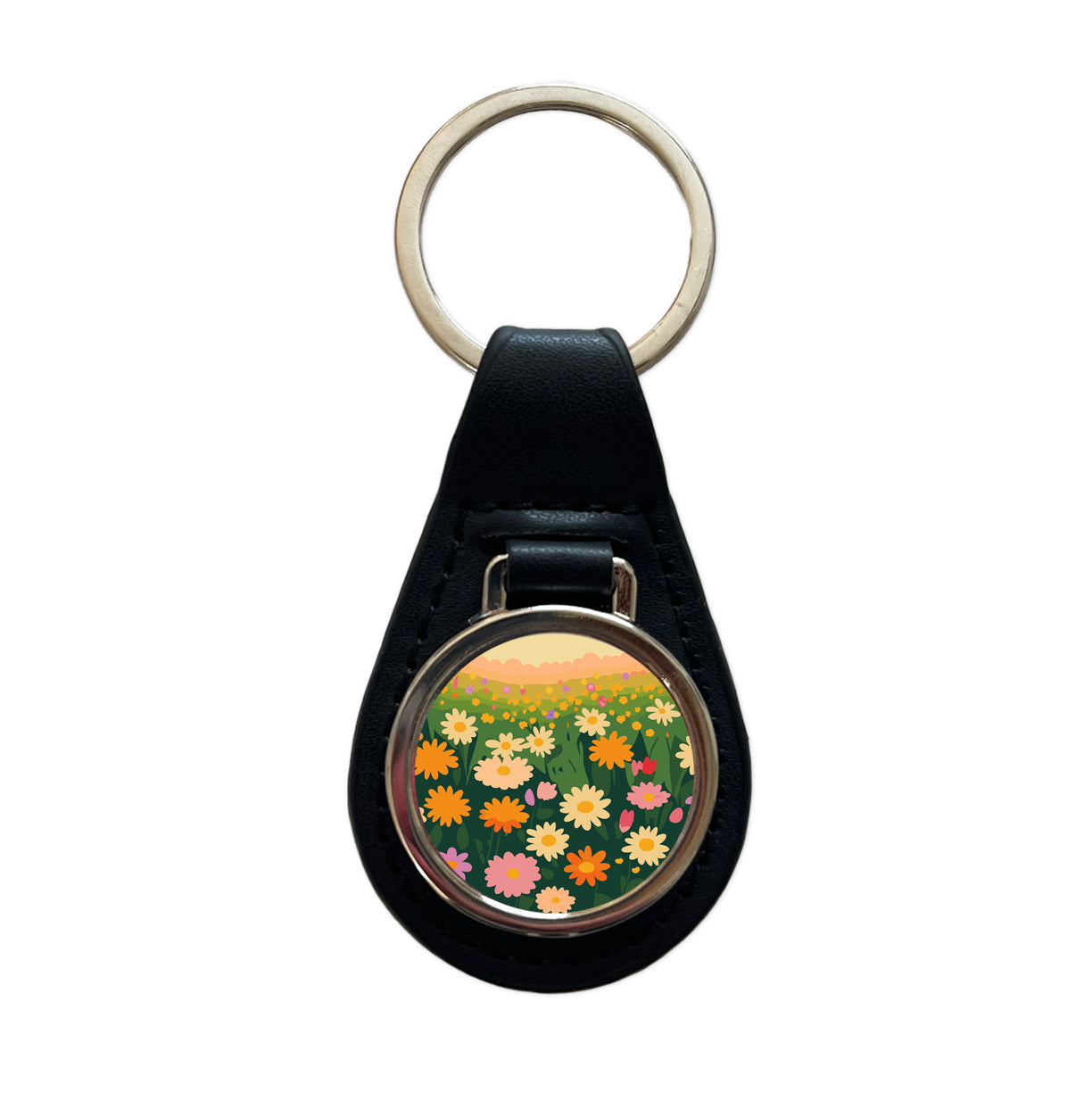 Flowers in Meadow Floral Black Leather Metal Keychain