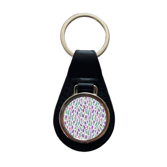 Flowers Lavender Cute Pattern Black Leather Metal Keychain
