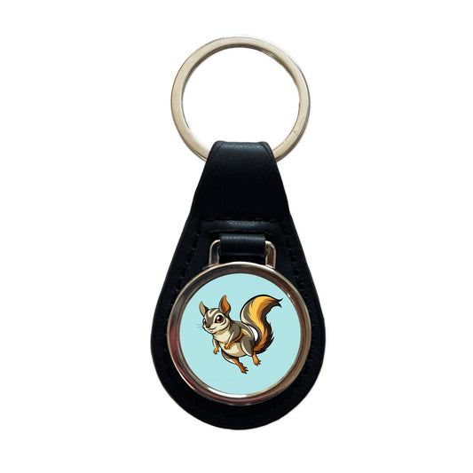 Flying Squirrel Black Leather Metal Keychain