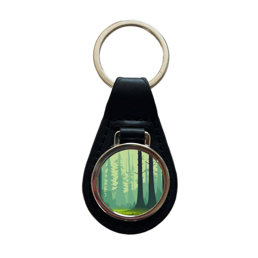 Forest Trees Wilderness Enchanted Black Leather Metal Keychain