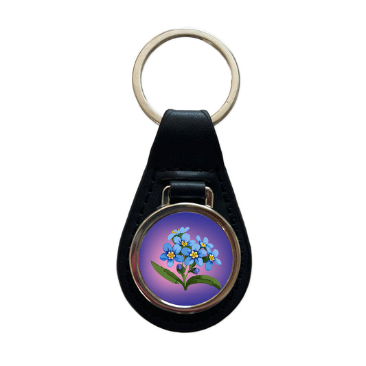 Forget Me Not Flowers Blue Watercolor Black Leather Metal Keychain
