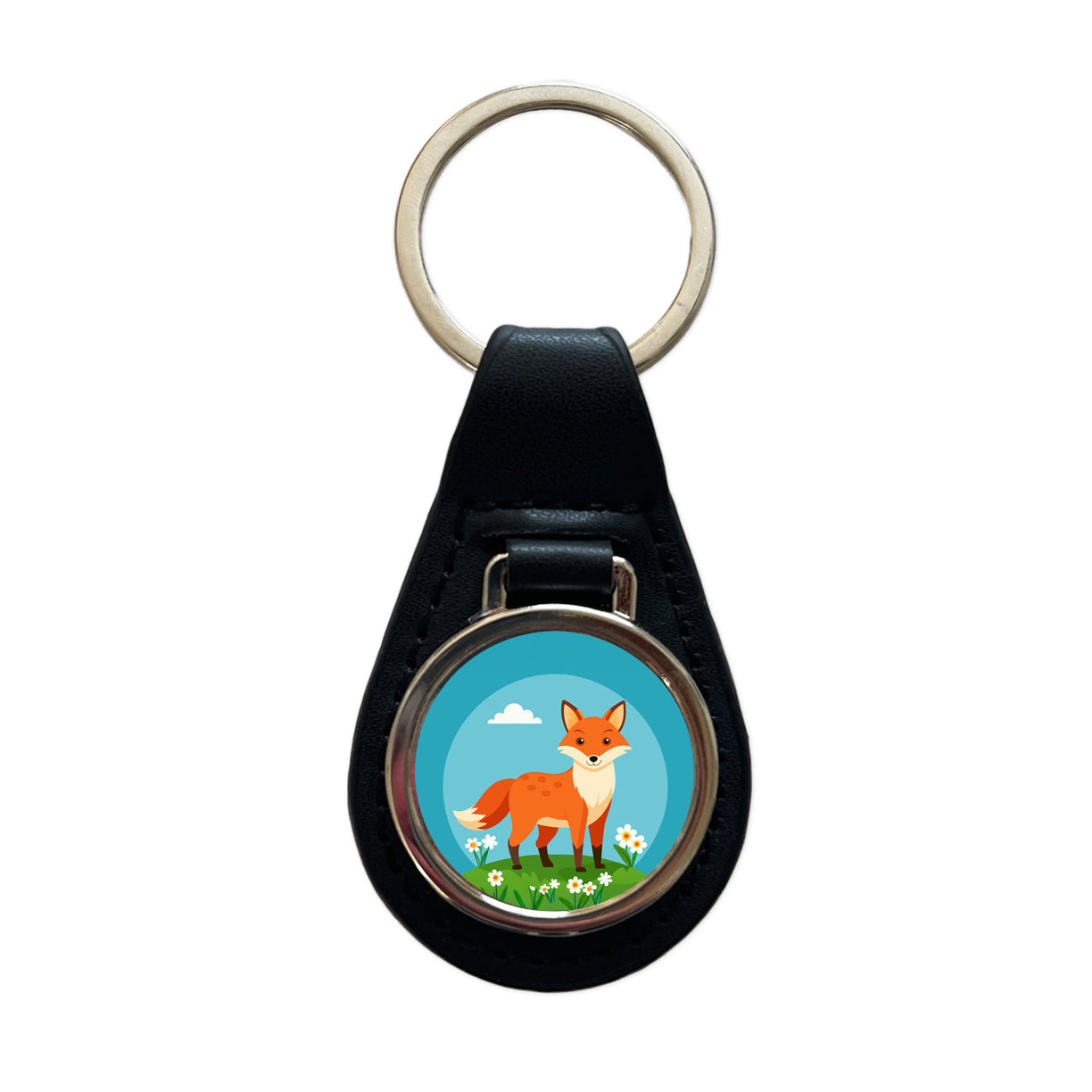 Fox in Meadow Black Leather Metal Keychain