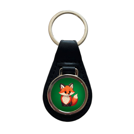 Fox Standing Black Leather Metal Keychain