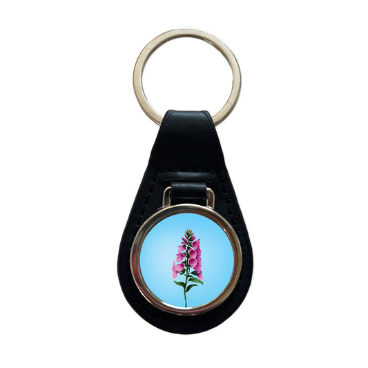 Foxglove Flowers Watercolor Black Leather Metal Keychain