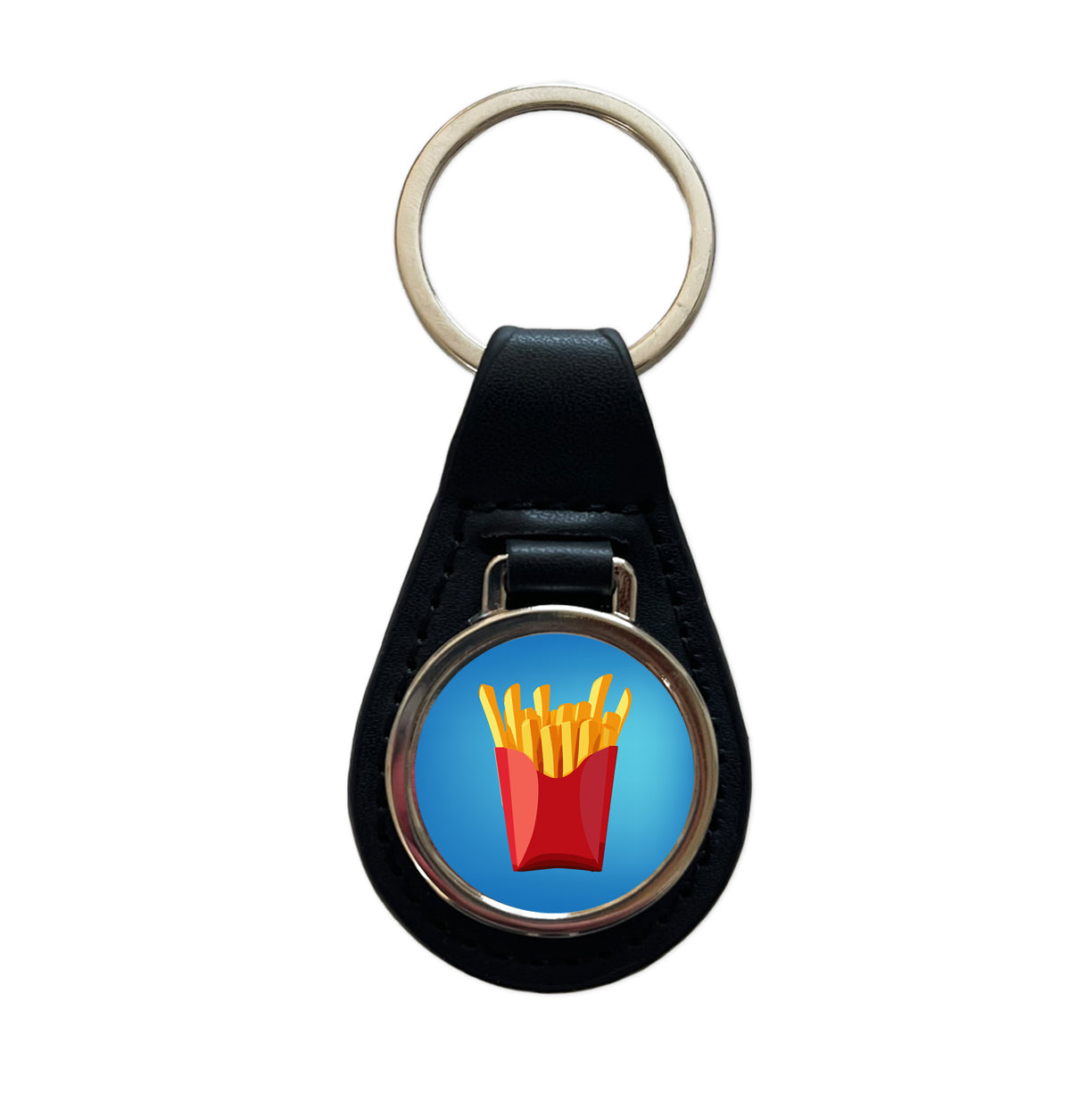 French Fries Red Container Black Leather Metal Keychain