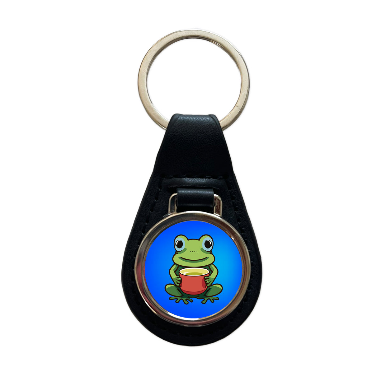 Frog Drinking Tea Funny Black Leather Metal Keychain