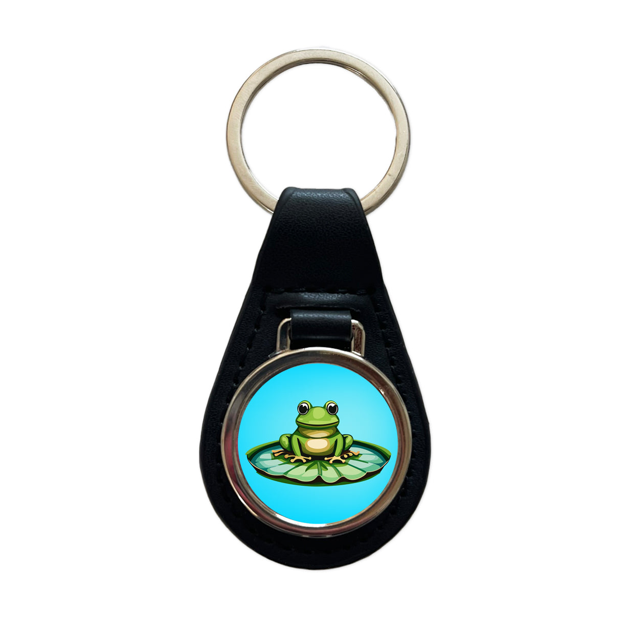 Frog on LiIy Pad Black Leather Metal Keychain