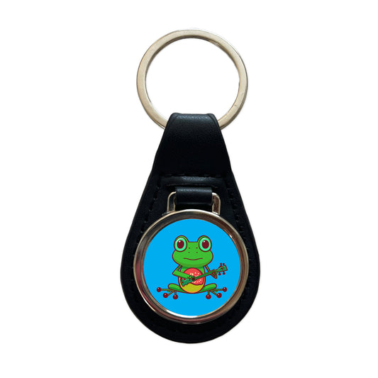 Frog Playing Banjo Guitar Music Funny Black Leather Metal Keychain