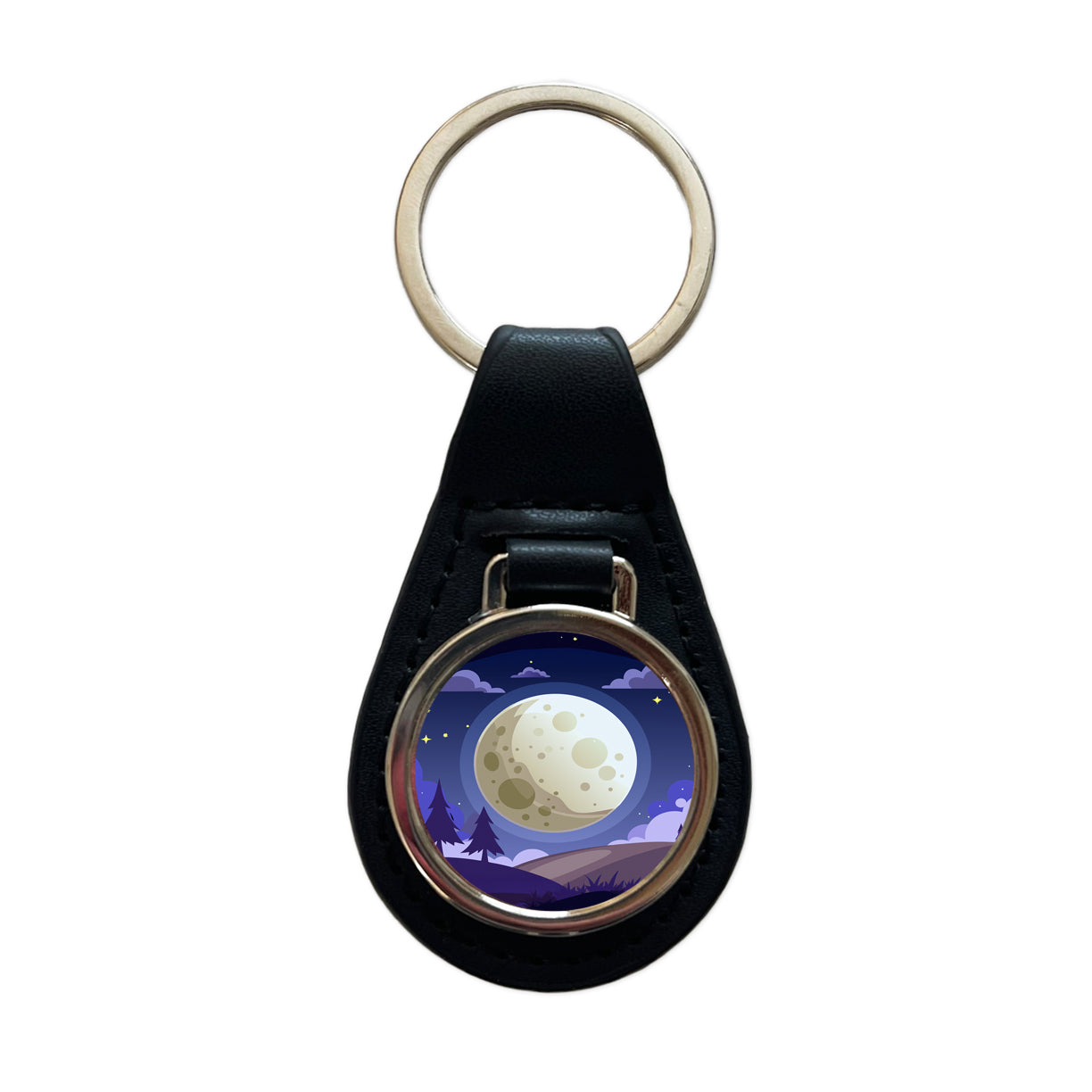 Full Moon at Night Black Leather Metal Keychain