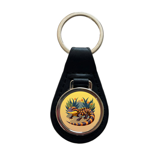 Gila Monster Black Leather Metal Keychain