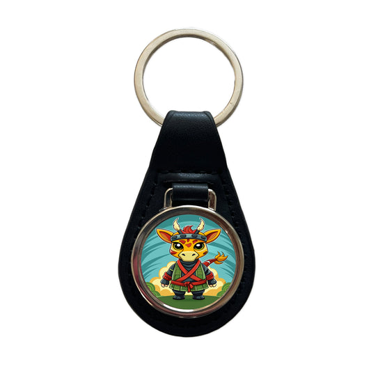 Giraffe Ninja Fighter Funny Black Leather Metal Keychain