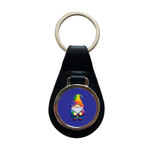 Gnome Standing Rainbow Black Leather Metal Keychain
