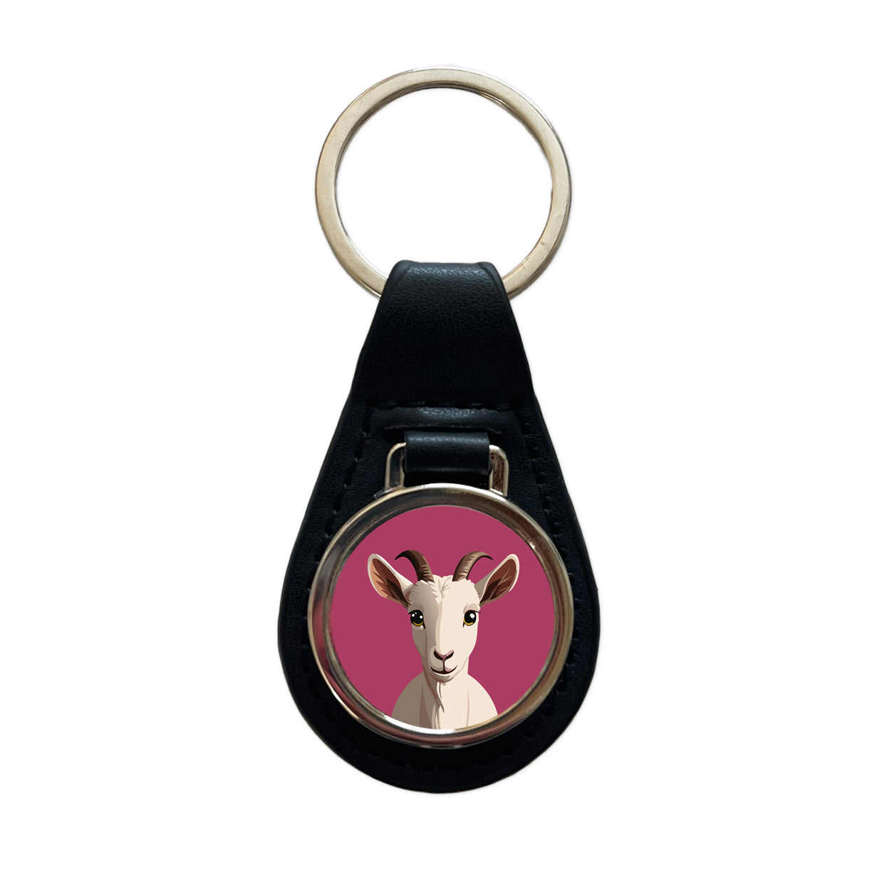 Goat Head Staring Cute Black Leather Metal Keychain