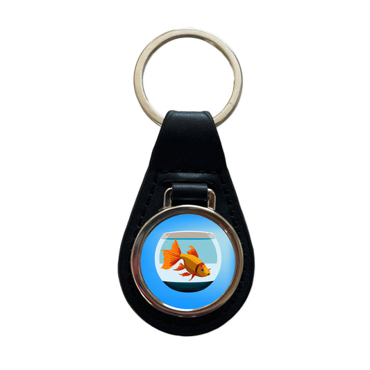 Goldfish in Bowl Pet Black Leather Metal Keychain
