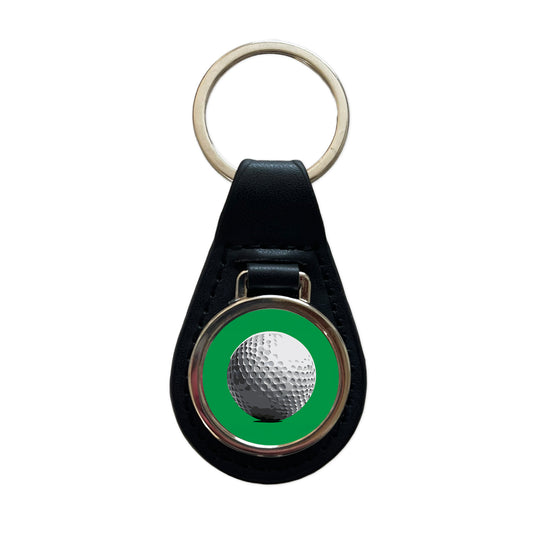 Golf Ball Golfing Sport Black Leather Metal Keychain