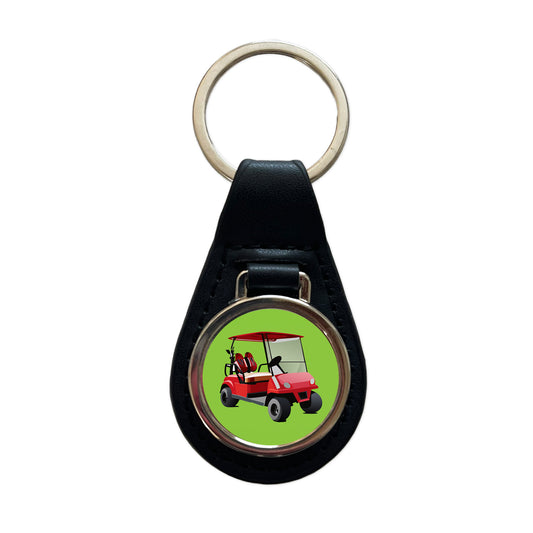 Golf Cart Red Golfing Sport Black Leather Metal Keychain