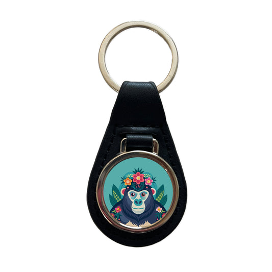 Gorilla Floral Flowers Black Leather Metal Keychain