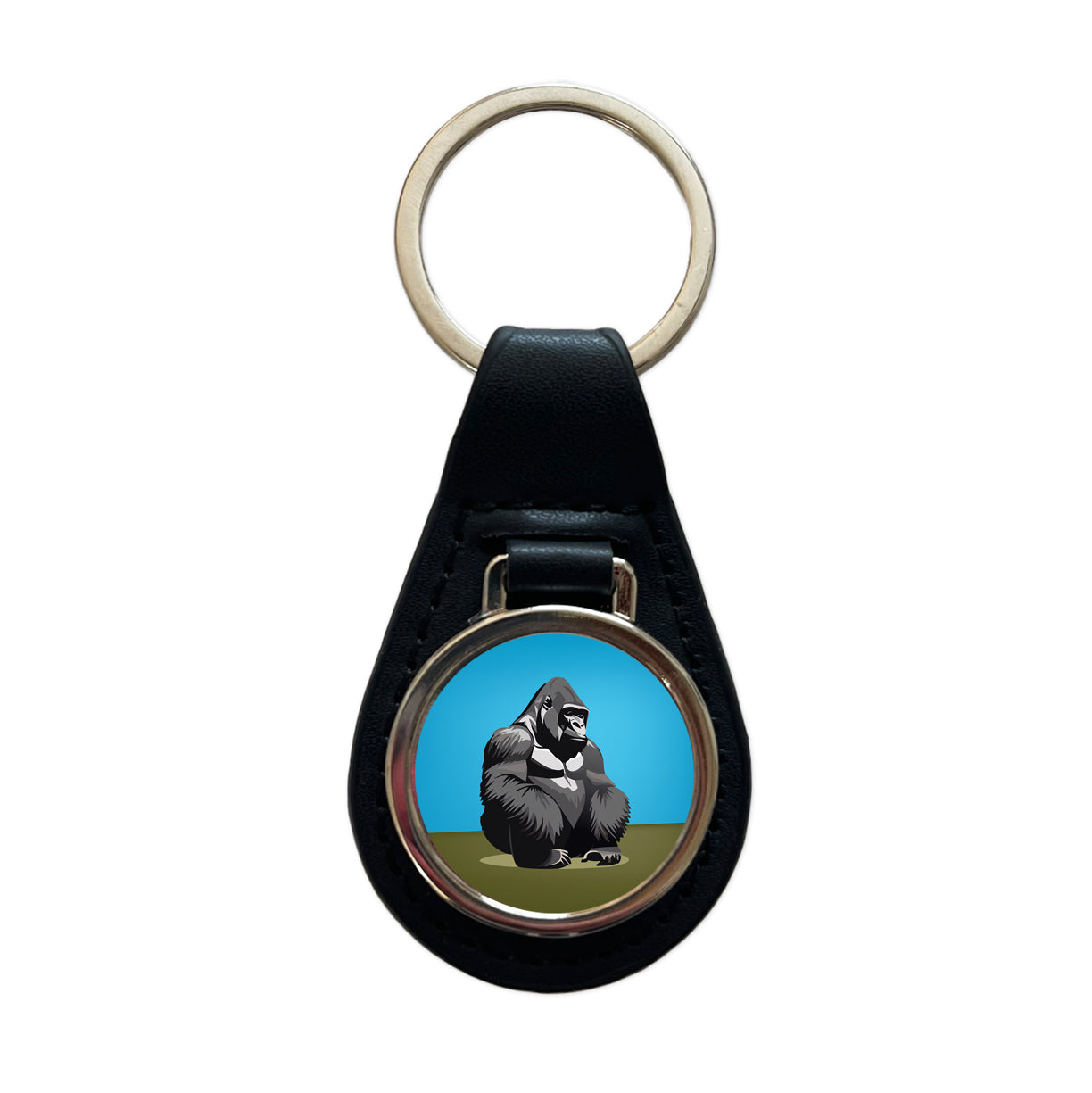 Gorilla Sitting Black Leather Metal Keychain
