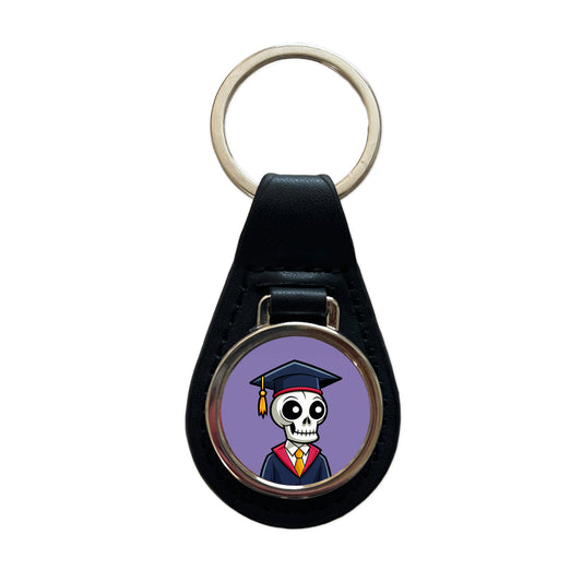 Graduate Skeleton Cute Graduation Black Leather Metal Keychain