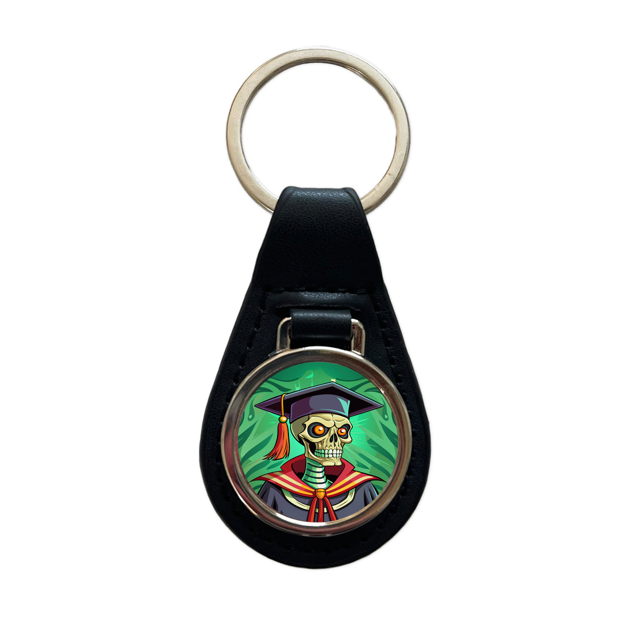 Graduate Skeleton Scary Graduation Black Leather Metal Keychain