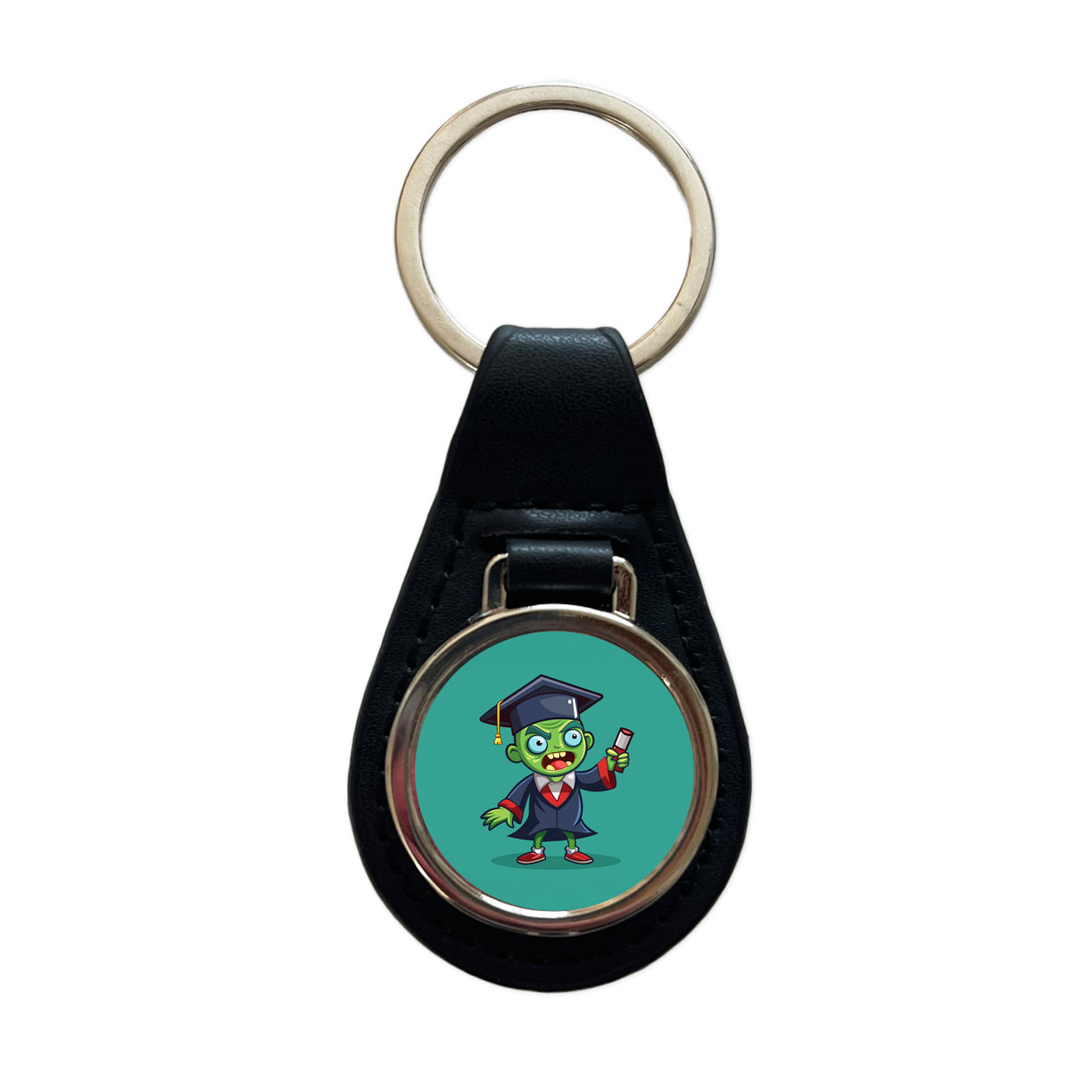 Graduate Zombie Graduation Cartoon Black Leather Metal Keychain