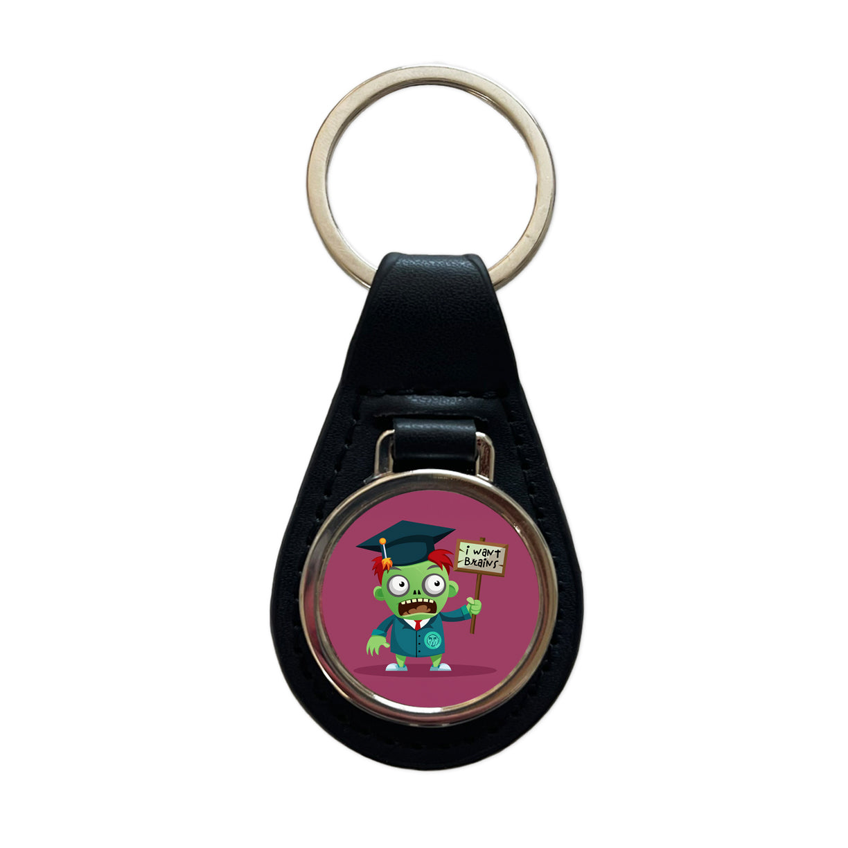 Graduate Zombie Graduation I Want Your Brains Black Leather Metal Keychain