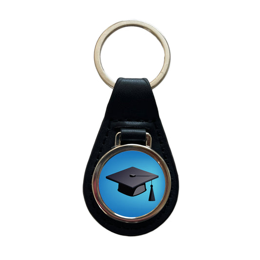 Graduation Cap Graduate Hat Black Leather Metal Keychain