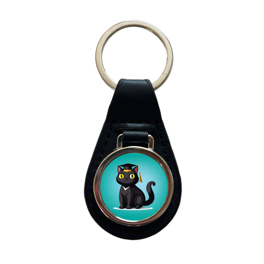 Graduation Cat Cute Graduate Black Leather Metal Keychain