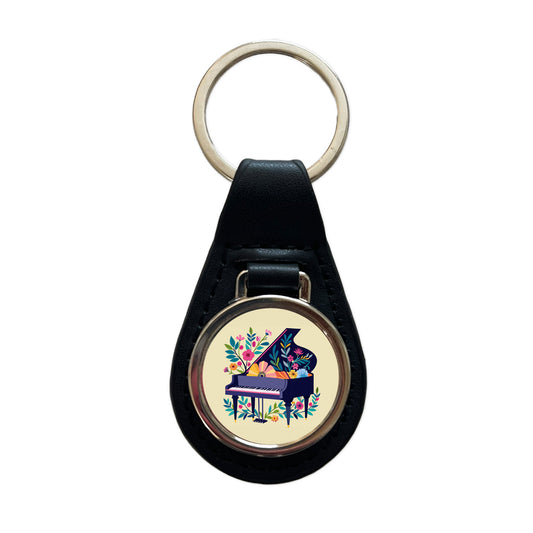 Grand Piano Music Floral Motif Black Leather Metal Keychain