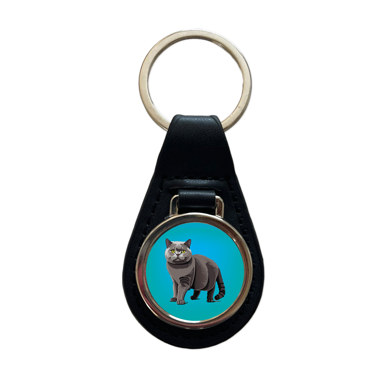 Gray British Shorthair Cat Black Leather Metal Keychain