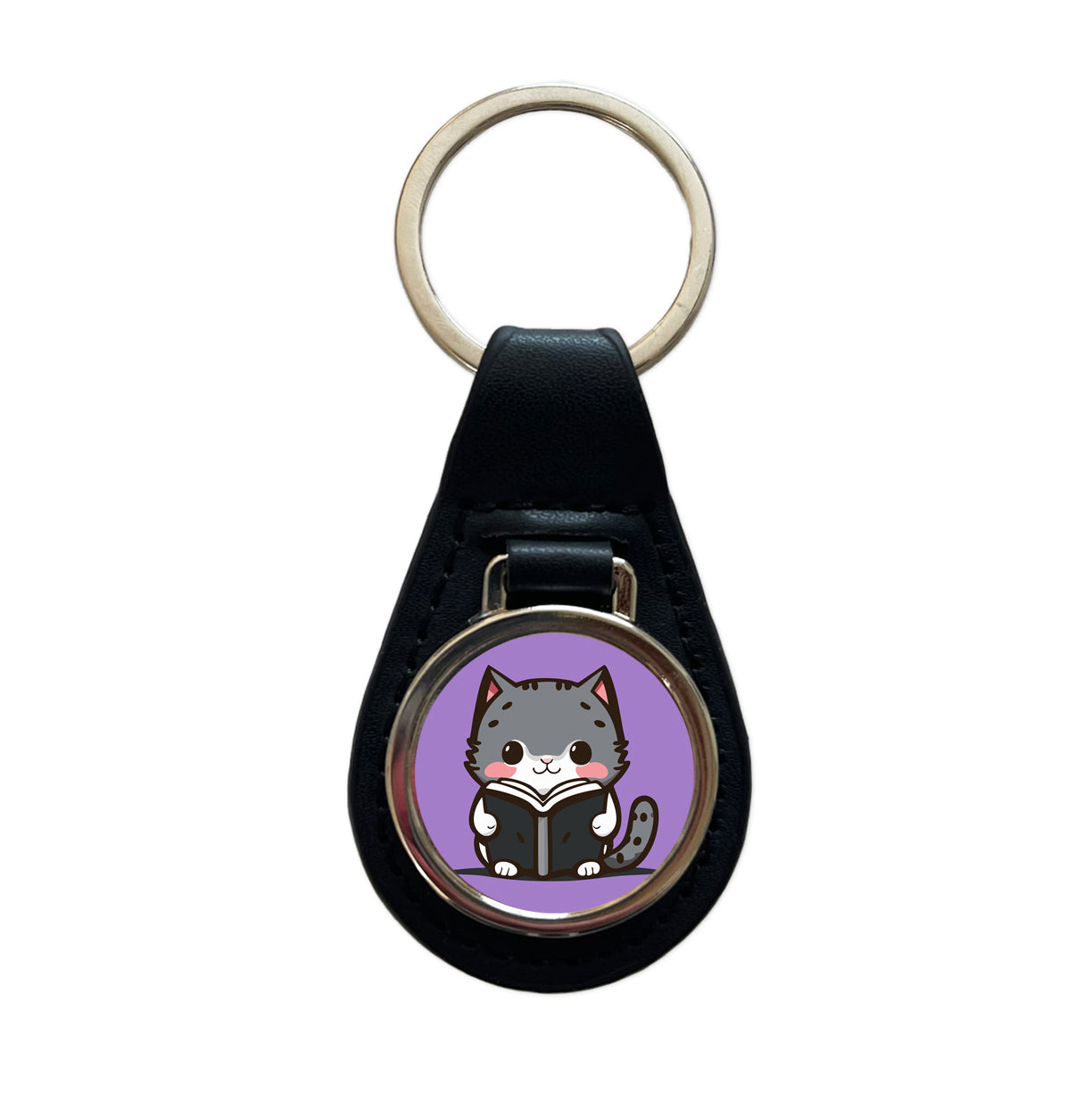 Gray Cat Reading Book Black Leather Metal Keychain