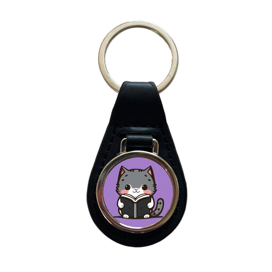 Gray Cat Reading Book Black Leather Metal Keychain
