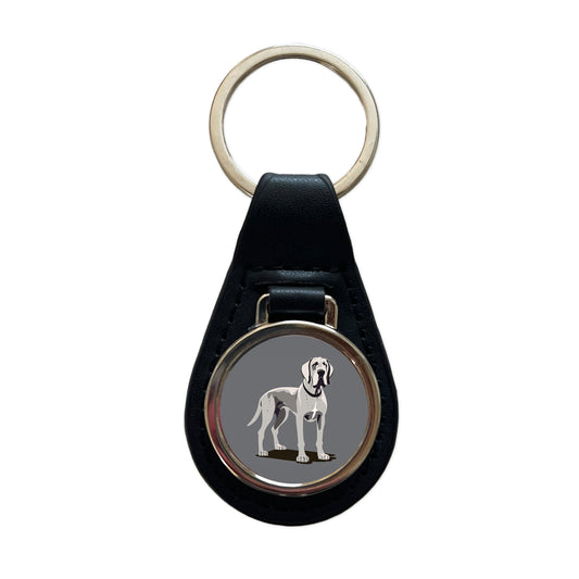 Great Dane Dog Standing Black Leather Metal Keychain