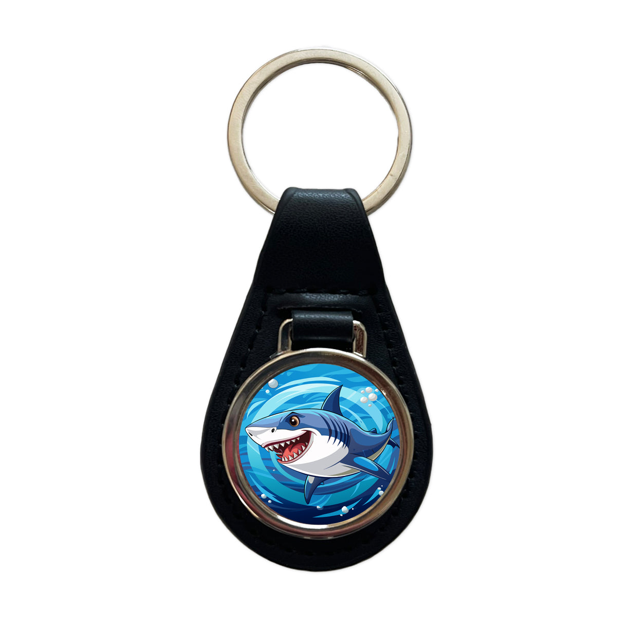 Great White Shark in Ocean Black Leather Metal Keychain