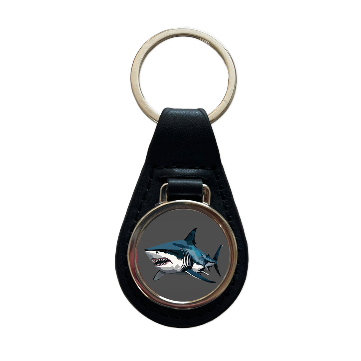 Great White Shark Black Leather Metal Keychain