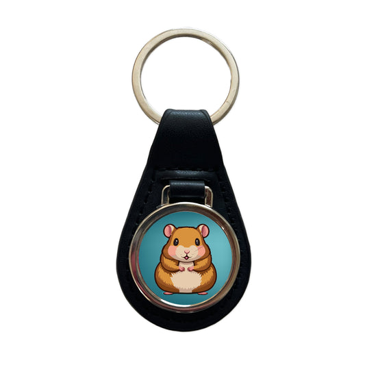 Hamster Cute Black Leather Metal Keychain