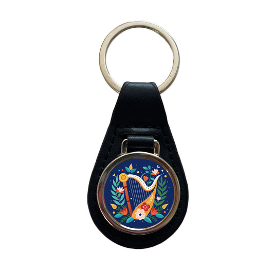 Harp Music Floral Motif Black Leather Metal Keychain