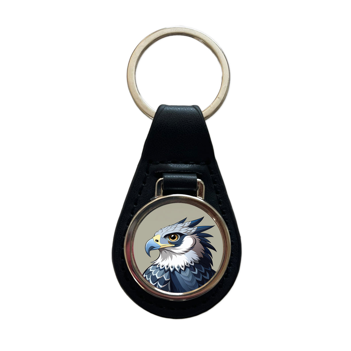 Harpy Eagle Profile Black Leather Metal Keychain