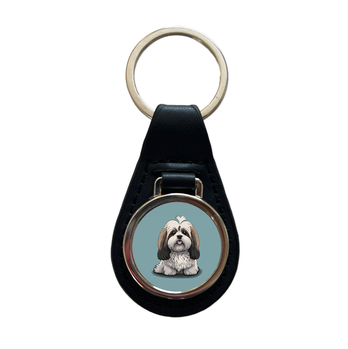 Havanese Dog Sitting Black Leather Metal Keychain